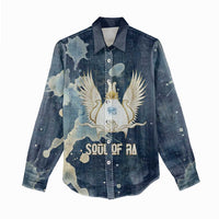 Bennu Ancient Egyptian Women Casual Shirt with Deep Blue Ink Wash, Winged Bennu Bird and Soul of Ra - Wonder Print Shop
