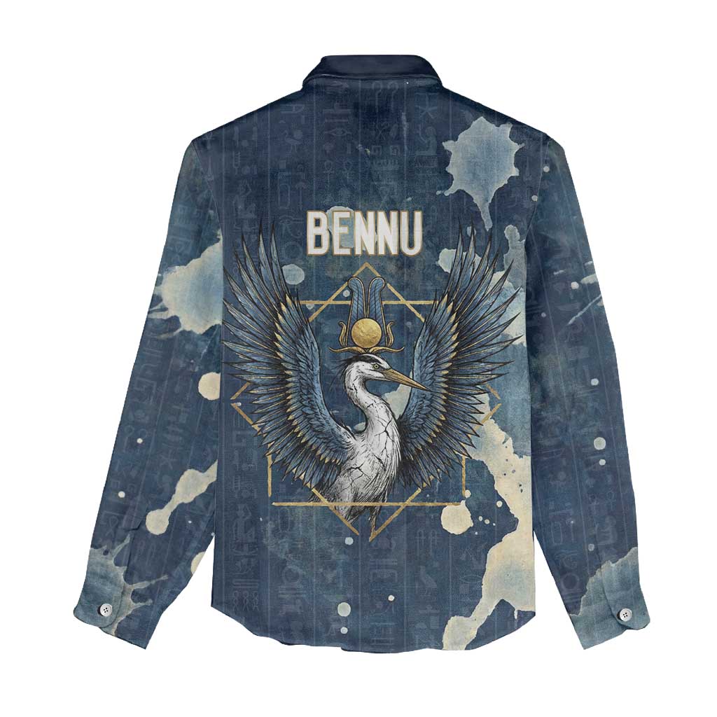 Bennu Ancient Egyptian Women Casual Shirt with Deep Blue Ink Wash, Winged Bennu Bird and Soul of Ra - Wonder Print Shop