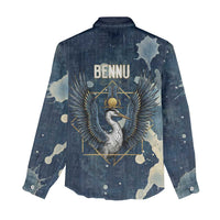 Bennu Ancient Egyptian Women Casual Shirt with Deep Blue Ink Wash, Winged Bennu Bird and Soul of Ra - Wonder Print Shop