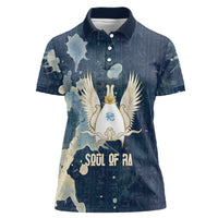Bennu Ancient Egyptian Women Polo Shirt with Deep Blue Ink Wash, Winged Bennu Bird and Soul of Ra - Wonder Print Shop