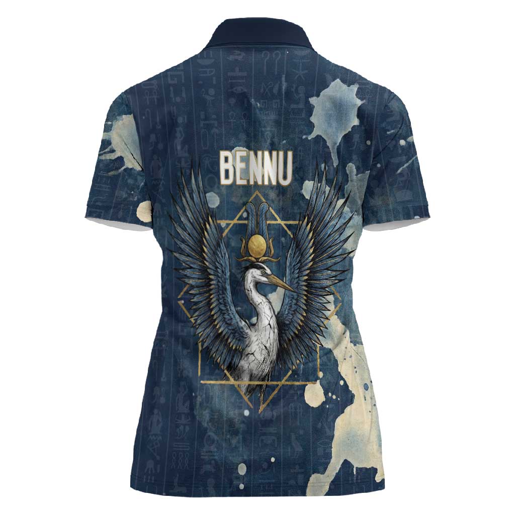 Bennu Ancient Egyptian Women Polo Shirt with Deep Blue Ink Wash, Winged Bennu Bird and Soul of Ra - Wonder Print Shop