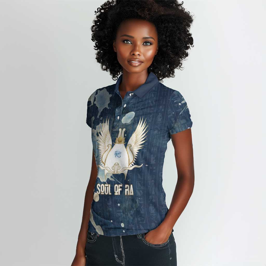 Bennu Ancient Egyptian Women Polo Shirt with Deep Blue Ink Wash, Winged Bennu Bird and Soul of Ra - Wonder Print Shop