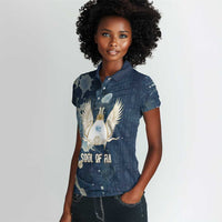 Bennu Ancient Egyptian Women Polo Shirt with Deep Blue Ink Wash, Winged Bennu Bird and Soul of Ra - Wonder Print Shop