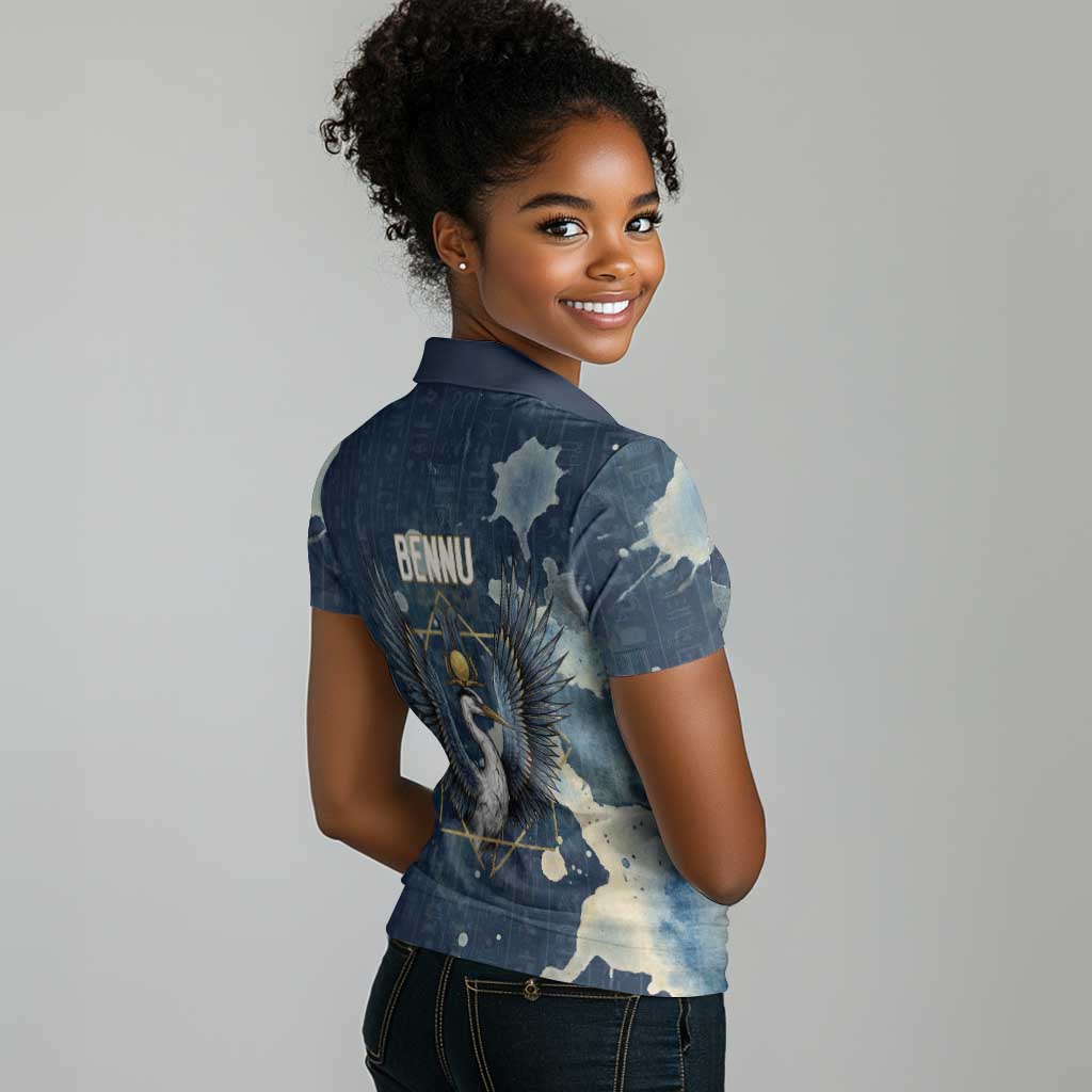 Bennu Ancient Egyptian Women Polo Shirt with Deep Blue Ink Wash, Winged Bennu Bird and Soul of Ra - Wonder Print Shop