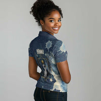 Bennu Ancient Egyptian Women Polo Shirt with Deep Blue Ink Wash, Winged Bennu Bird and Soul of Ra - Wonder Print Shop