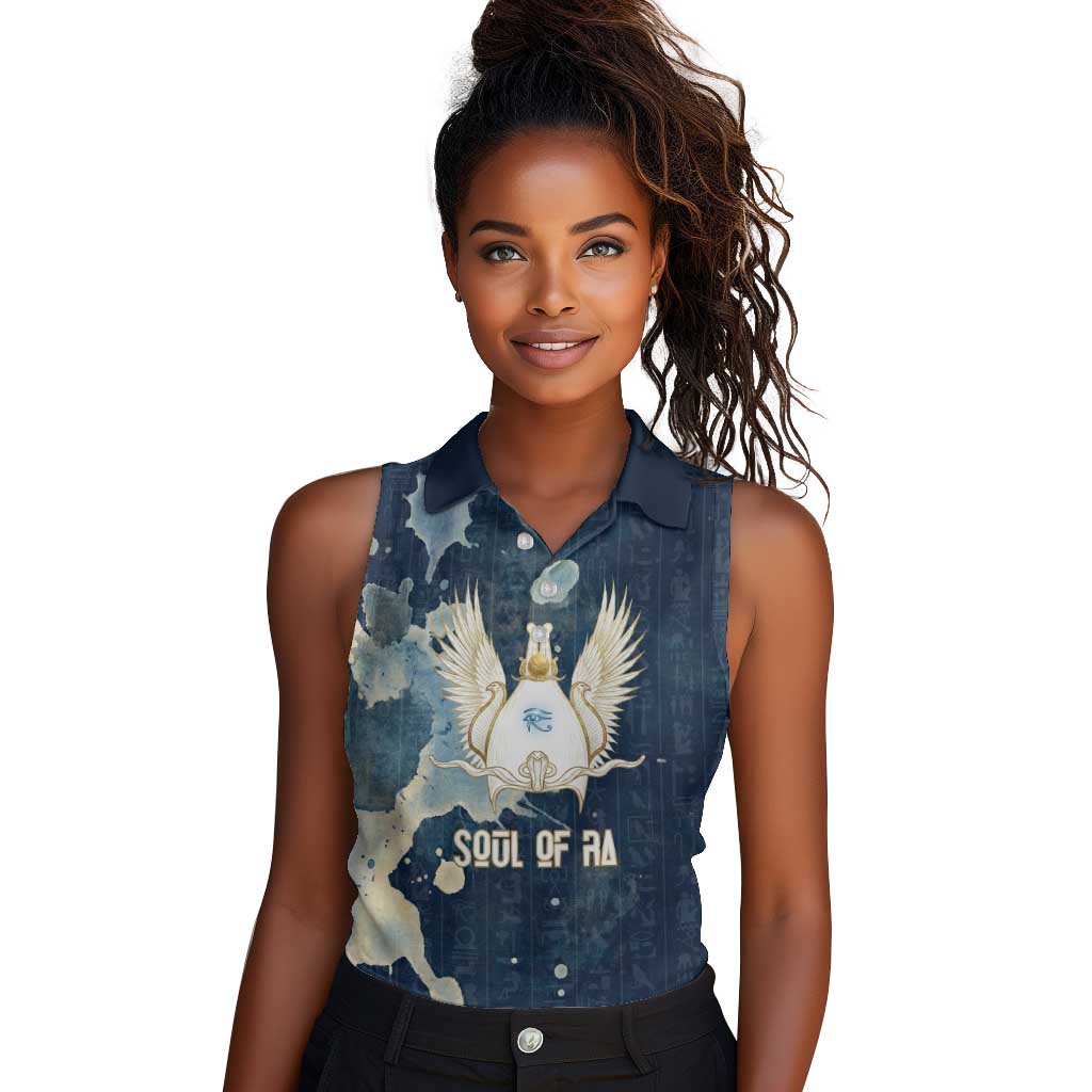 Bennu Ancient Egyptian Women Sleeveless Polo Shirt with Deep Blue Ink Wash, Winged Bennu Bird and Soul of Ra - Wonder Print Shop