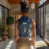Bennu Ancient Egyptian Women Sleeveless Polo Shirt with Deep Blue Ink Wash, Winged Bennu Bird and Soul of Ra - Wonder Print Shop
