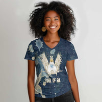 Bennu Ancient Egyptian Women V-Neck T-Shirt with Deep Blue Ink Wash, Winged Bennu Bird and Soul of Ra - Wonder Print Shop