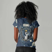 Bennu Ancient Egyptian Women V-Neck T-Shirt with Deep Blue Ink Wash, Winged Bennu Bird and Soul of Ra - Wonder Print Shop