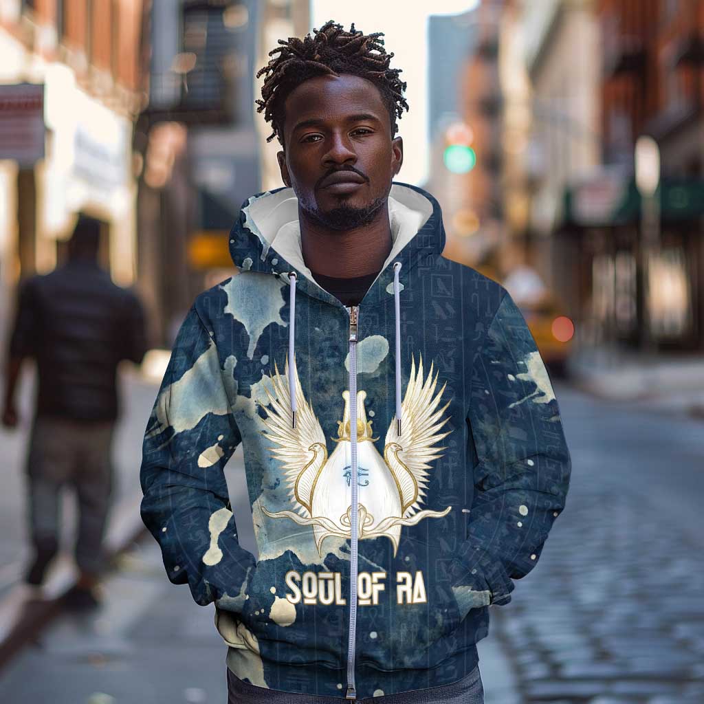 Bennu Ancient Egyptian Zip Hoodie with Deep Blue Ink Wash, Winged Bennu Bird and Soul of Ra - Wonder Print Shop
