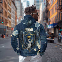 Bennu Ancient Egyptian Zip Hoodie with Deep Blue Ink Wash, Winged Bennu Bird and Soul of Ra - Wonder Print Shop