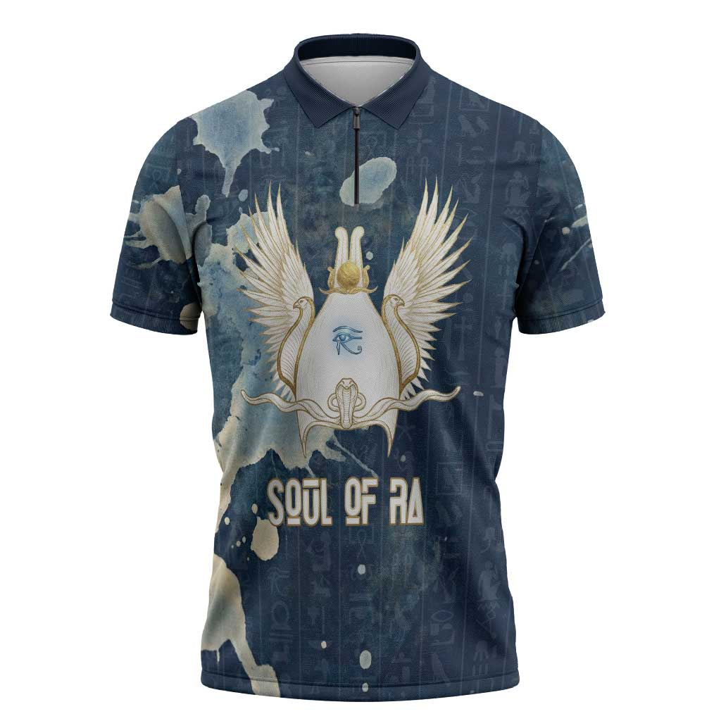 Bennu Ancient Egyptian Zipper Polo Shirt with Deep Blue Ink Wash, Winged Bennu Bird and Soul of Ra - Wonder Print Shop
