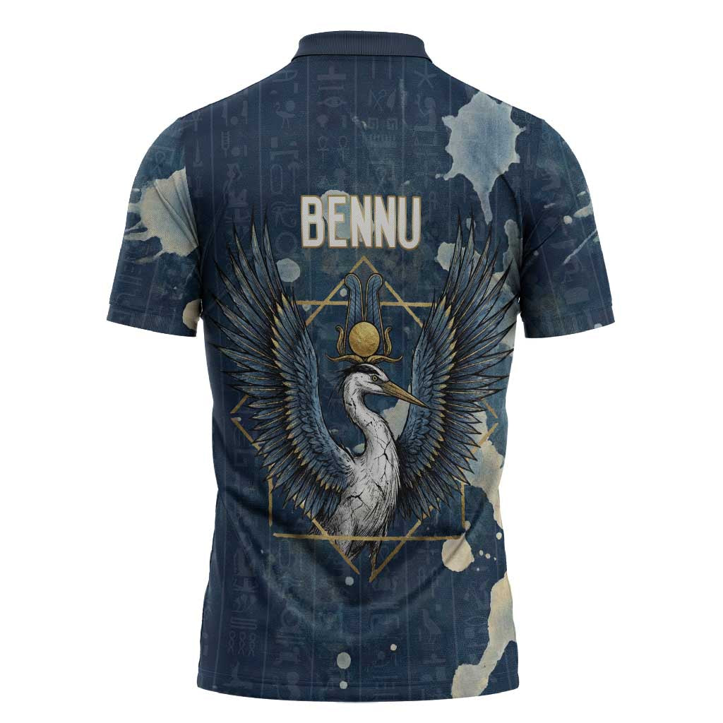Bennu Ancient Egyptian Zipper Polo Shirt with Deep Blue Ink Wash, Winged Bennu Bird and Soul of Ra - Wonder Print Shop