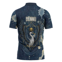 Bennu Ancient Egyptian Zipper Polo Shirt with Deep Blue Ink Wash, Winged Bennu Bird and Soul of Ra - Wonder Print Shop
