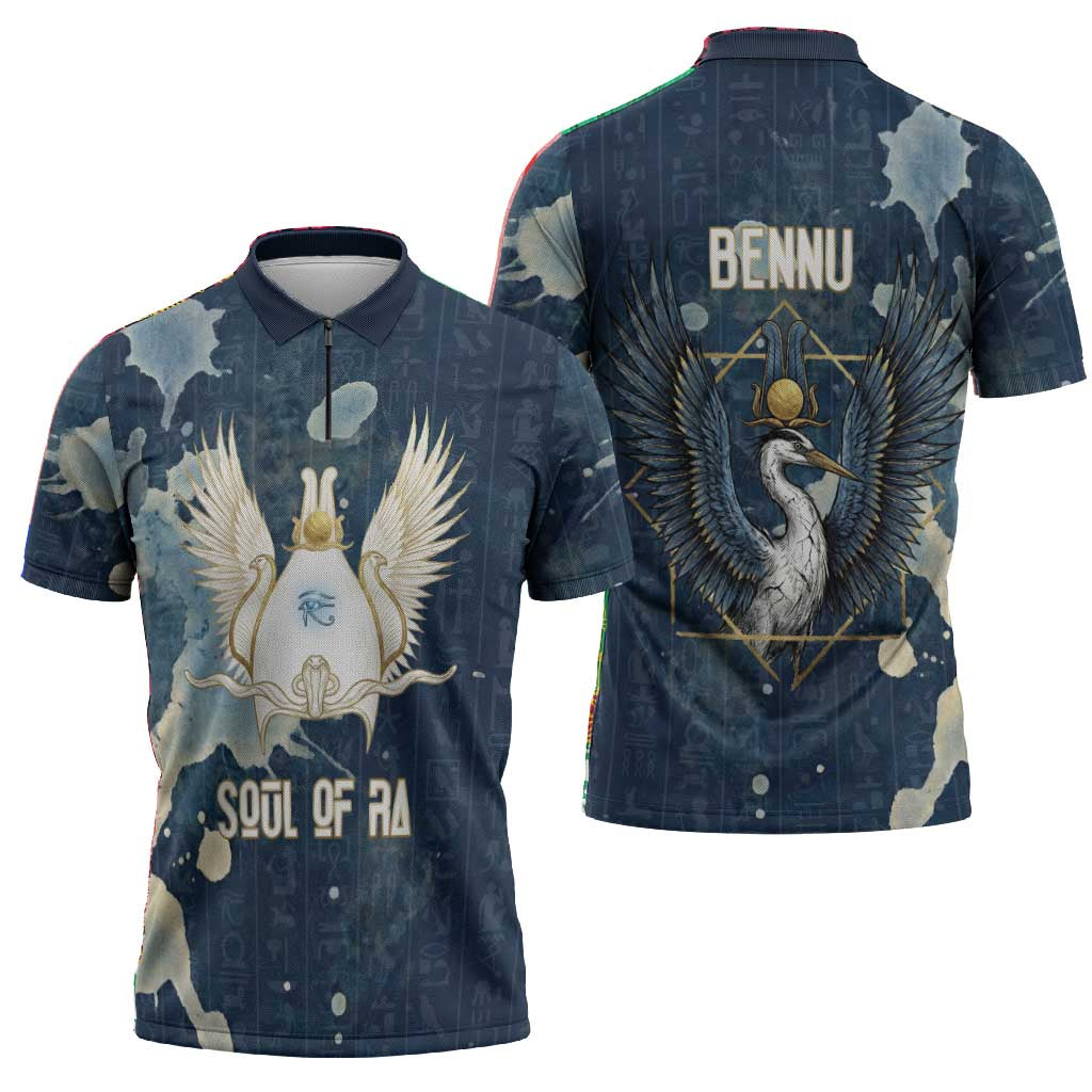 Bennu Ancient Egyptian Zipper Polo Shirt with Deep Blue Ink Wash, Winged Bennu Bird and Soul of Ra - Wonder Print Shop