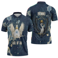 Bennu Ancient Egyptian Zipper Polo Shirt with Deep Blue Ink Wash, Winged Bennu Bird and Soul of Ra - Wonder Print Shop
