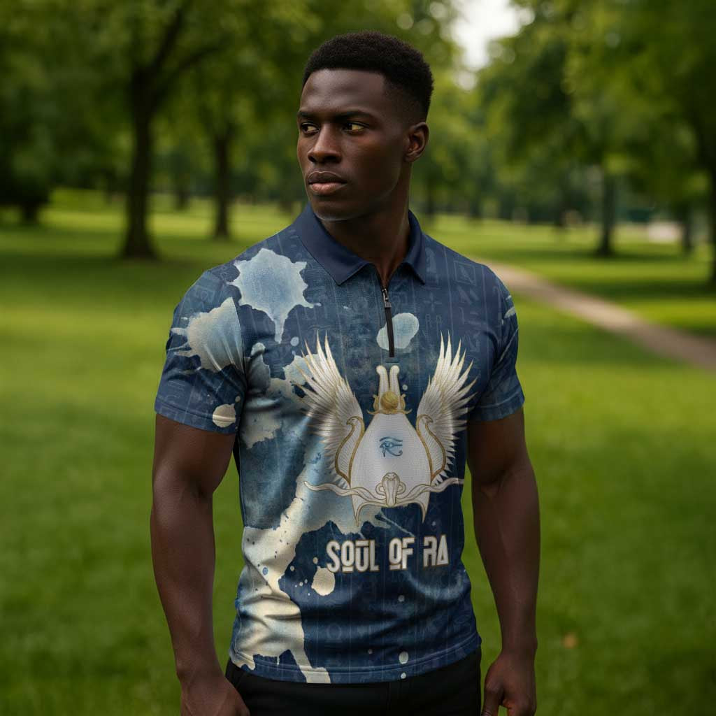 Bennu Ancient Egyptian Zipper Polo Shirt with Deep Blue Ink Wash, Winged Bennu Bird and Soul of Ra - Wonder Print Shop