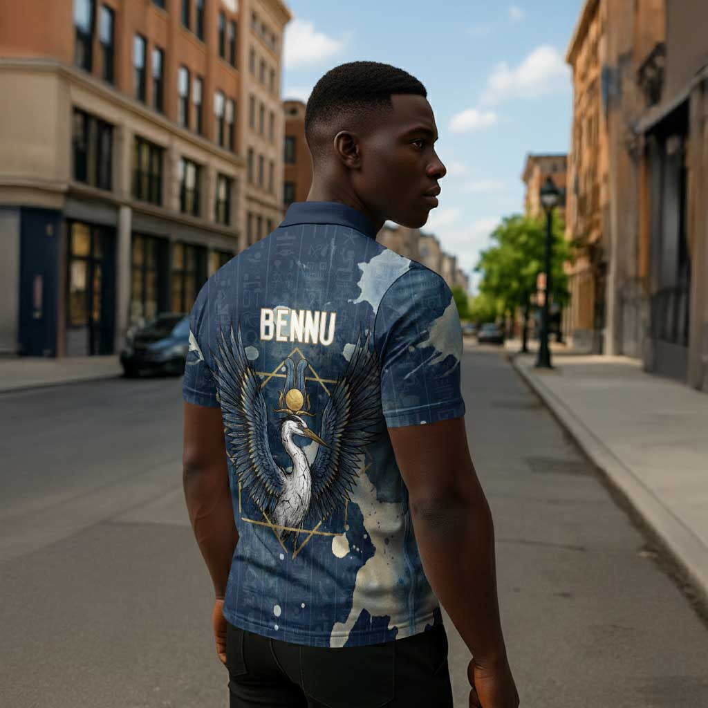 Bennu Ancient Egyptian Zipper Polo Shirt with Deep Blue Ink Wash, Winged Bennu Bird and Soul of Ra - Wonder Print Shop