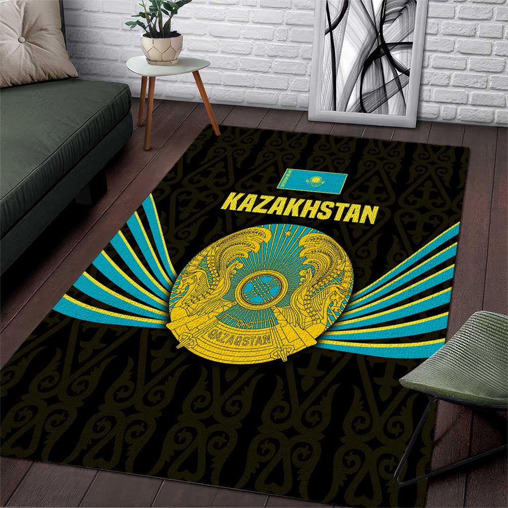Kazakhstan National Emblem Area Rug with Black Tribal Pattern and Sun Eagle Motif