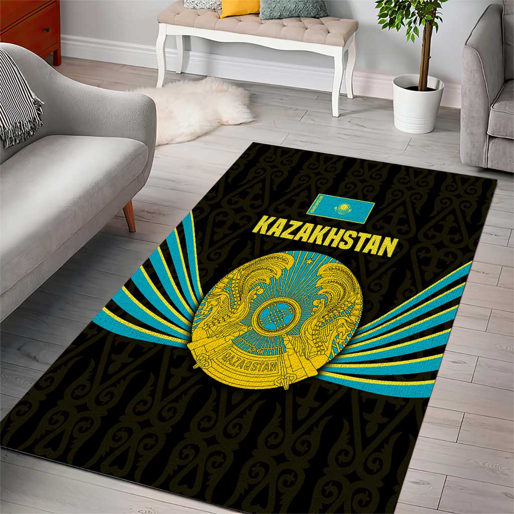 Kazakhstan National Emblem Area Rug with Black Tribal Pattern and Sun Eagle Motif