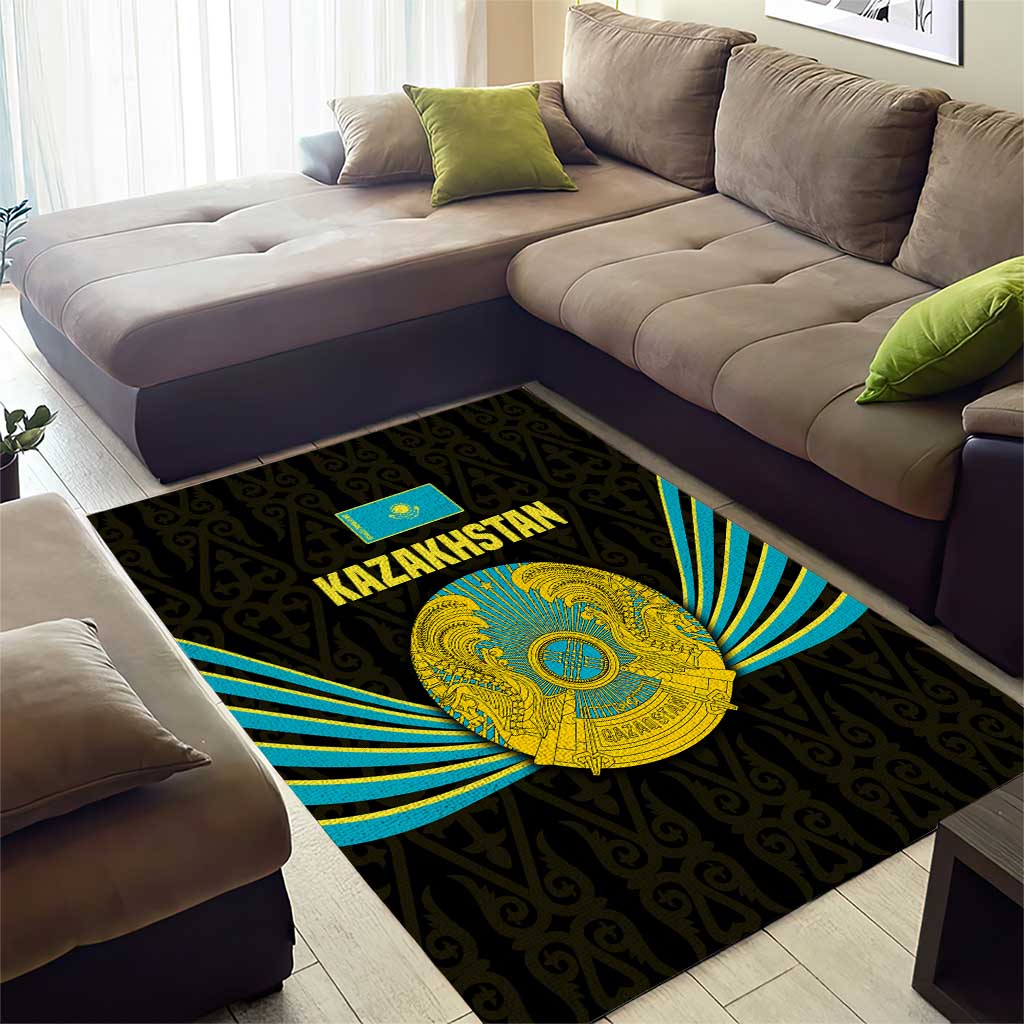 Kazakhstan National Emblem Area Rug with Black Tribal Pattern and Sun Eagle Motif