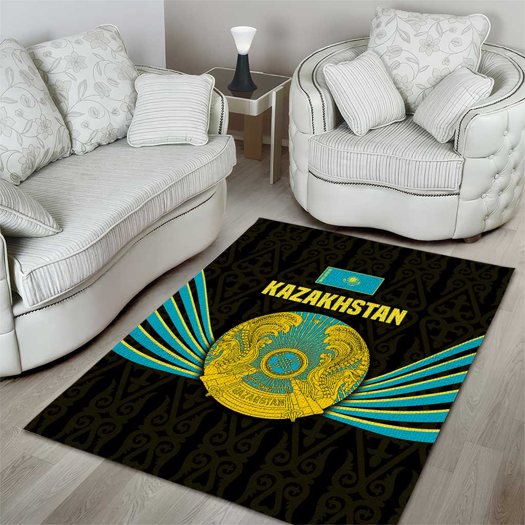 Kazakhstan National Emblem Area Rug with Black Tribal Pattern and Sun Eagle Motif