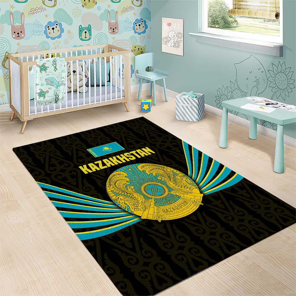 Kazakhstan National Emblem Area Rug with Black Tribal Pattern and Sun Eagle Motif