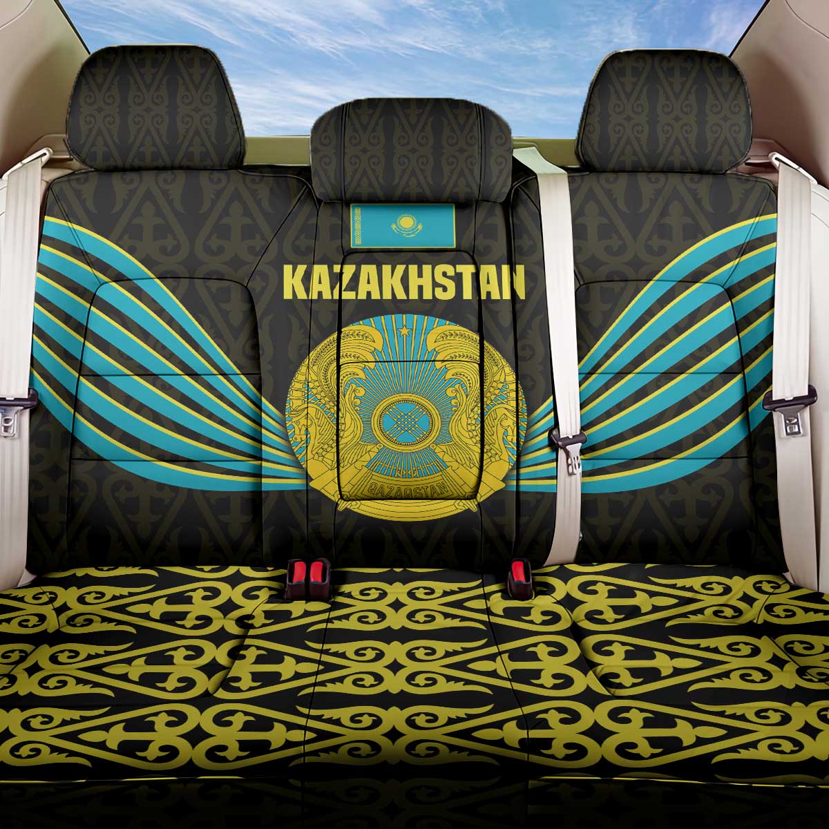Kazakhstan National Emblem Back Car Seat Cover with Black Tribal Pattern and Sun Eagle Motif