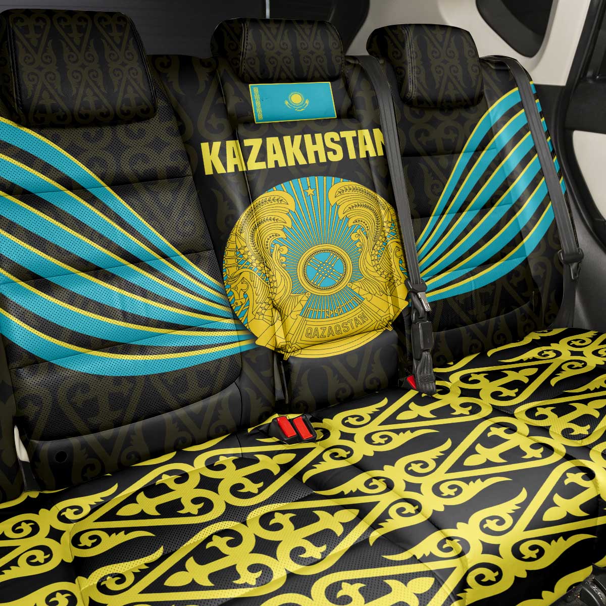 Kazakhstan National Emblem Back Car Seat Cover with Black Tribal Pattern and Sun Eagle Motif