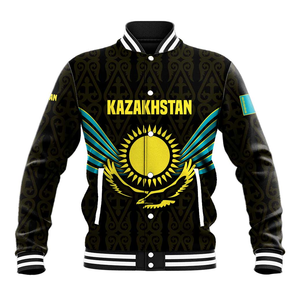 Kazakhstan National Emblem Baseball Jacket with Black Tribal Pattern and Sun Eagle Motif