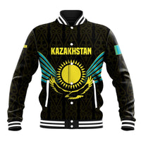 Kazakhstan National Emblem Baseball Jacket with Black Tribal Pattern and Sun Eagle Motif