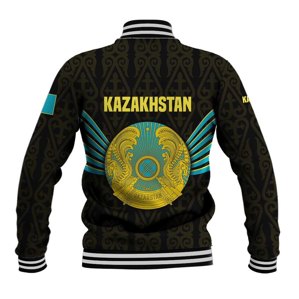 Kazakhstan National Emblem Baseball Jacket with Black Tribal Pattern and Sun Eagle Motif