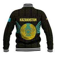Kazakhstan National Emblem Baseball Jacket with Black Tribal Pattern and Sun Eagle Motif