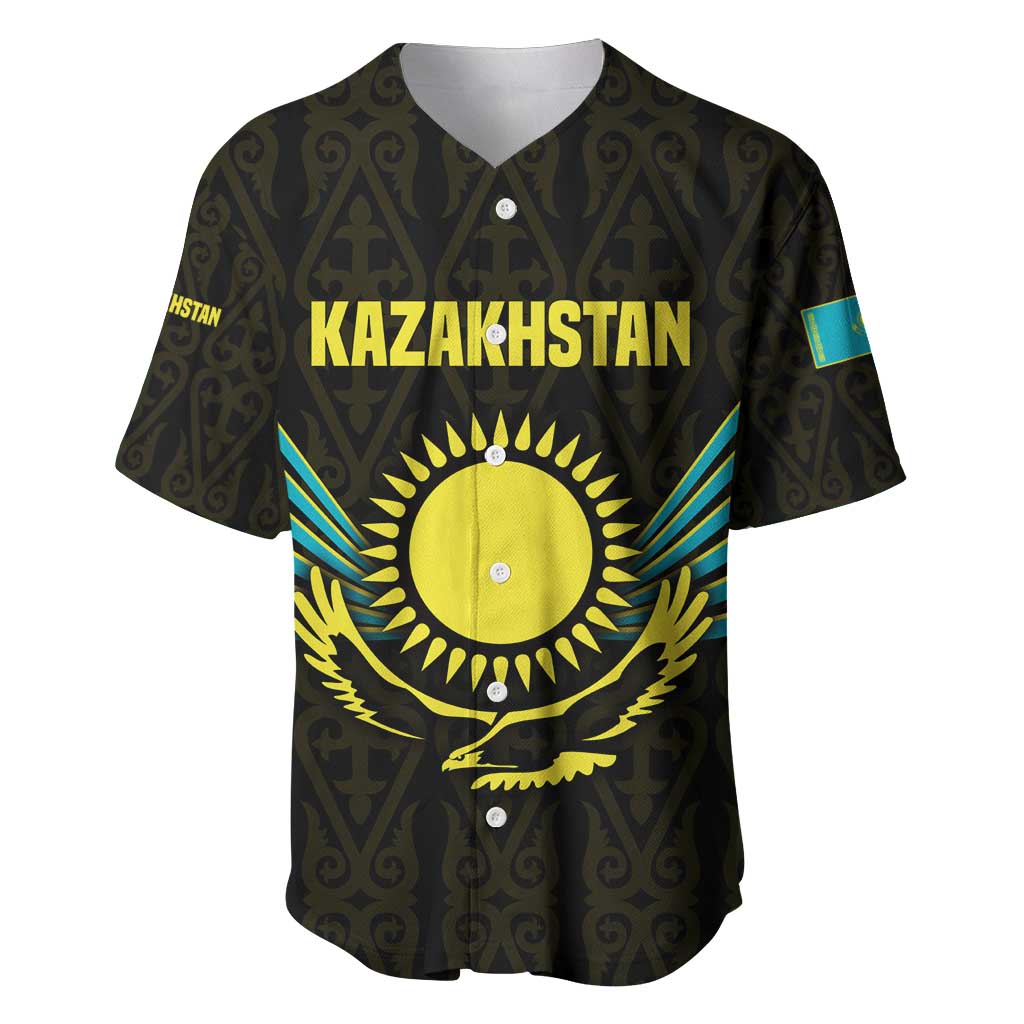 Kazakhstan National Emblem Baseball Jersey with Black Tribal Pattern and Sun Eagle Motif