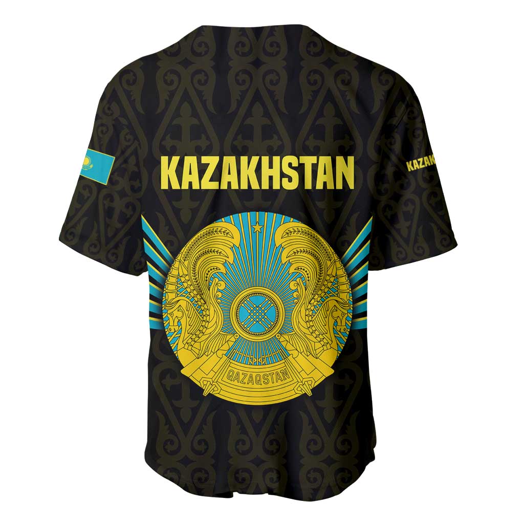 Kazakhstan National Emblem Baseball Jersey with Black Tribal Pattern and Sun Eagle Motif