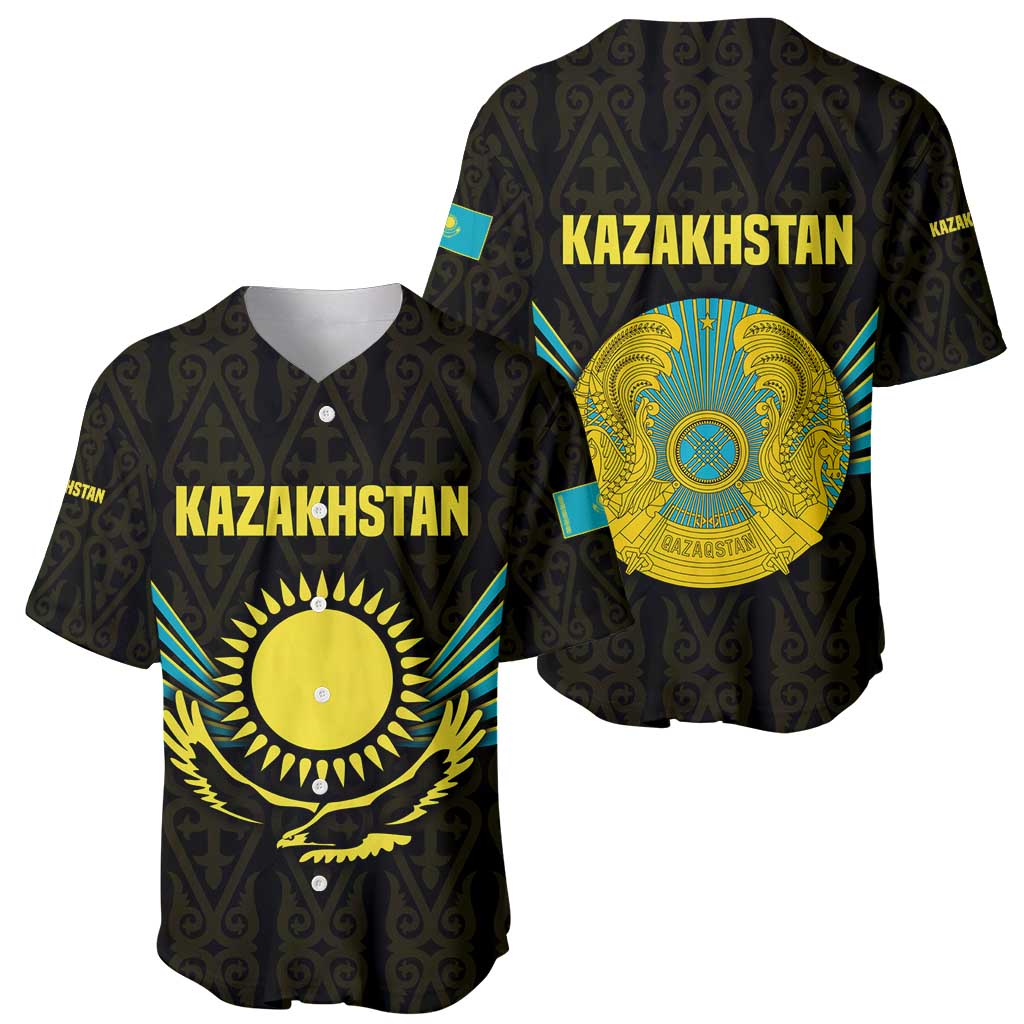 Kazakhstan National Emblem Baseball Jersey with Black Tribal Pattern and Sun Eagle Motif