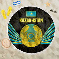 Kazakhstan National Emblem Beach Blanket with Black Tribal Pattern and Sun Eagle Motif