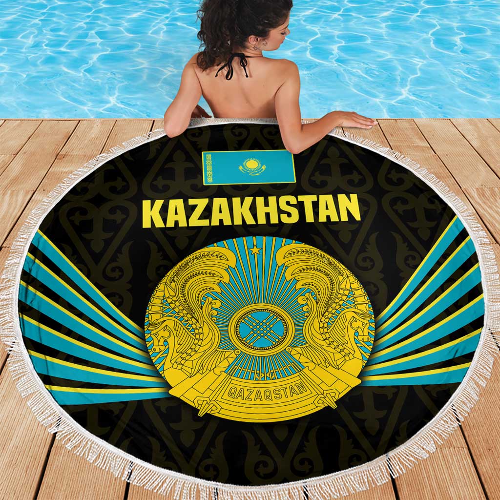 Kazakhstan National Emblem Beach Blanket with Black Tribal Pattern and Sun Eagle Motif