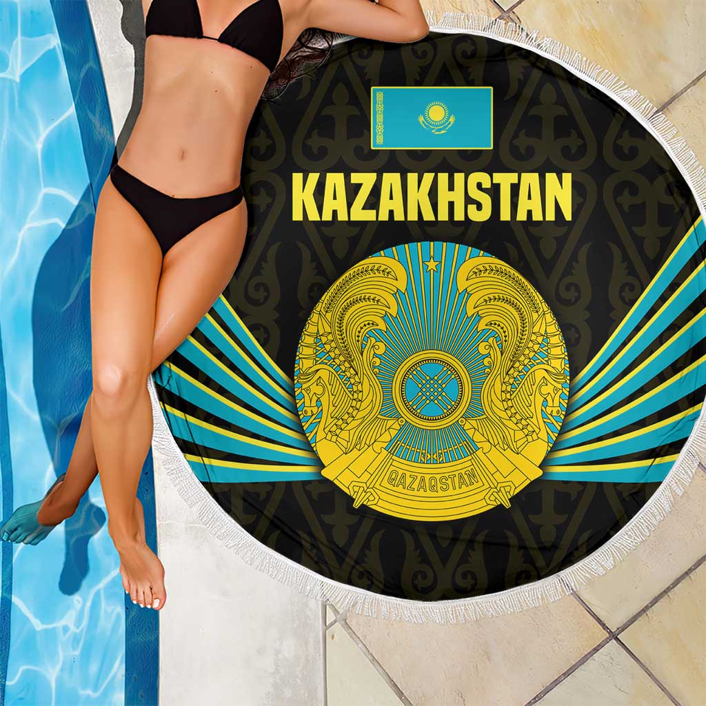 Kazakhstan National Emblem Beach Blanket with Black Tribal Pattern and Sun Eagle Motif