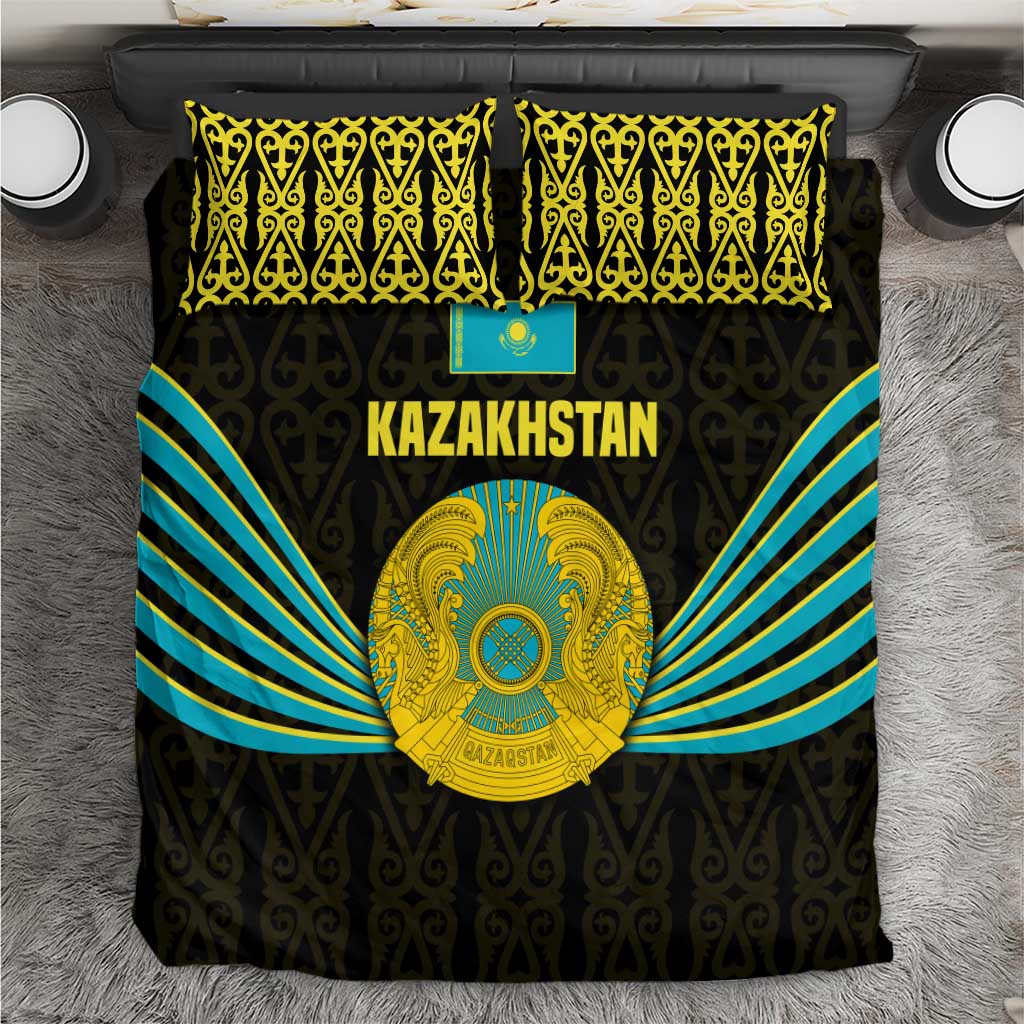 Kazakhstan National Emblem Bedding Set with Black Tribal Pattern and Sun Eagle Motif