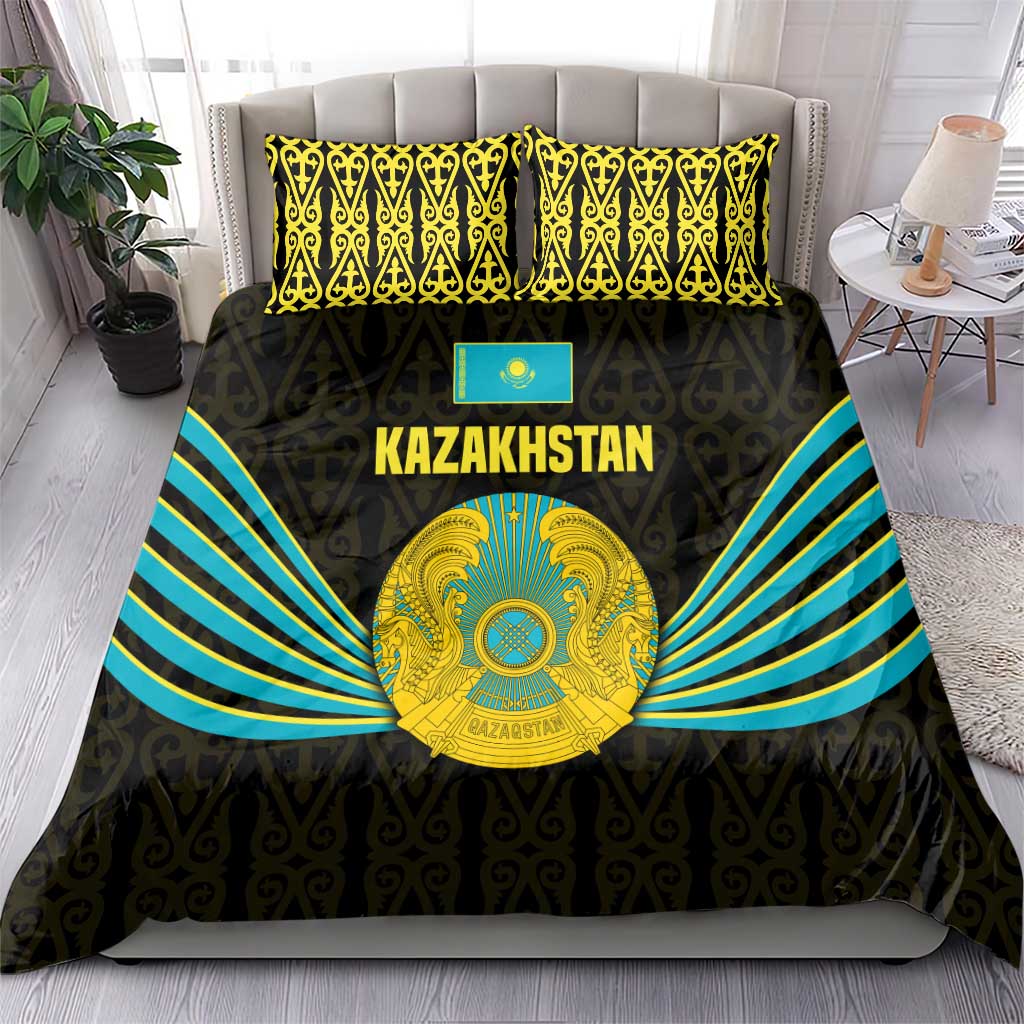Kazakhstan National Emblem Bedding Set with Black Tribal Pattern and Sun Eagle Motif