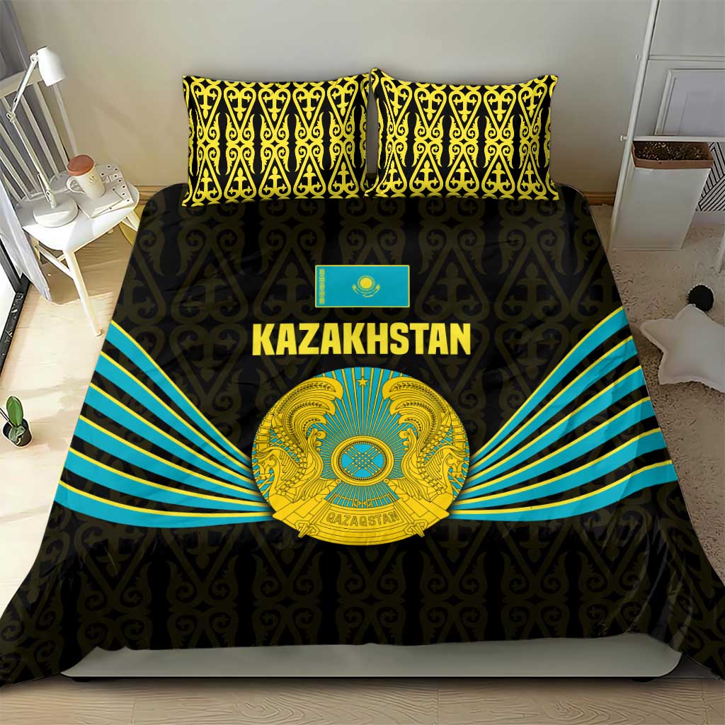 Kazakhstan National Emblem Bedding Set with Black Tribal Pattern and Sun Eagle Motif