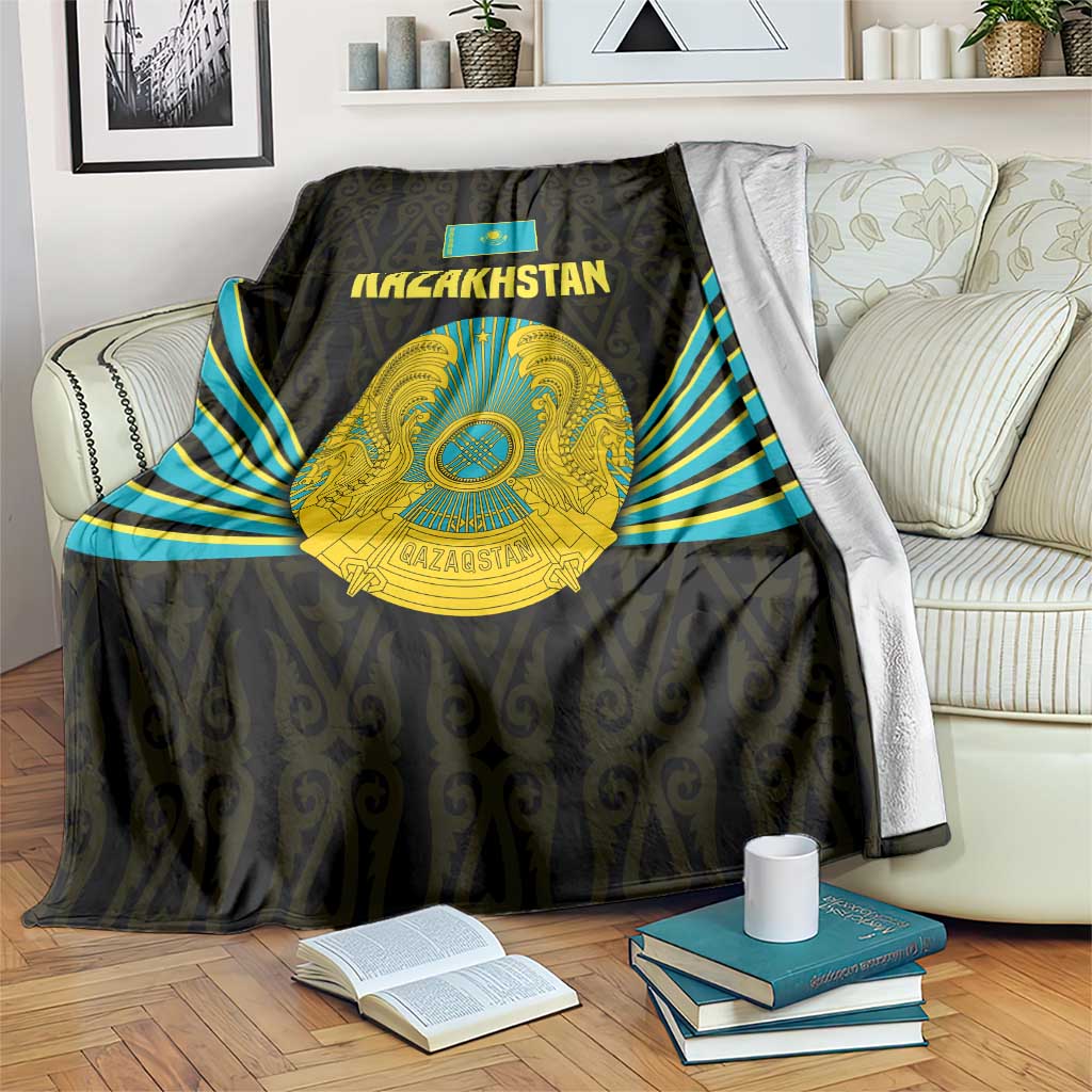 Kazakhstan National Emblem Blanket with Black Tribal Pattern and Sun Eagle Motif