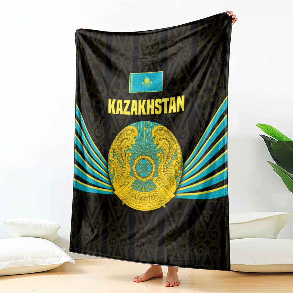 Kazakhstan National Emblem Blanket with Black Tribal Pattern and Sun Eagle Motif