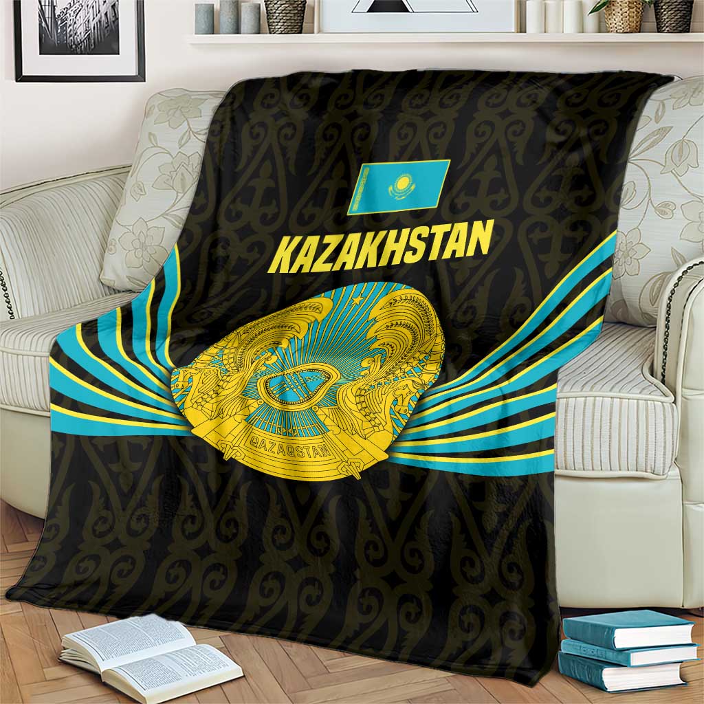 Kazakhstan National Emblem Blanket with Black Tribal Pattern and Sun Eagle Motif