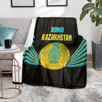 Kazakhstan National Emblem Blanket with Black Tribal Pattern and Sun Eagle Motif