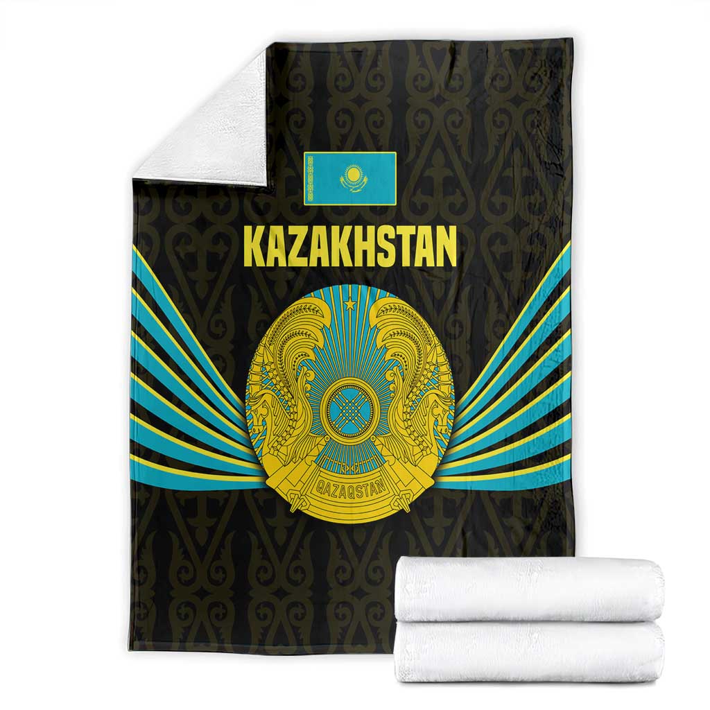 Kazakhstan National Emblem Blanket with Black Tribal Pattern and Sun Eagle Motif
