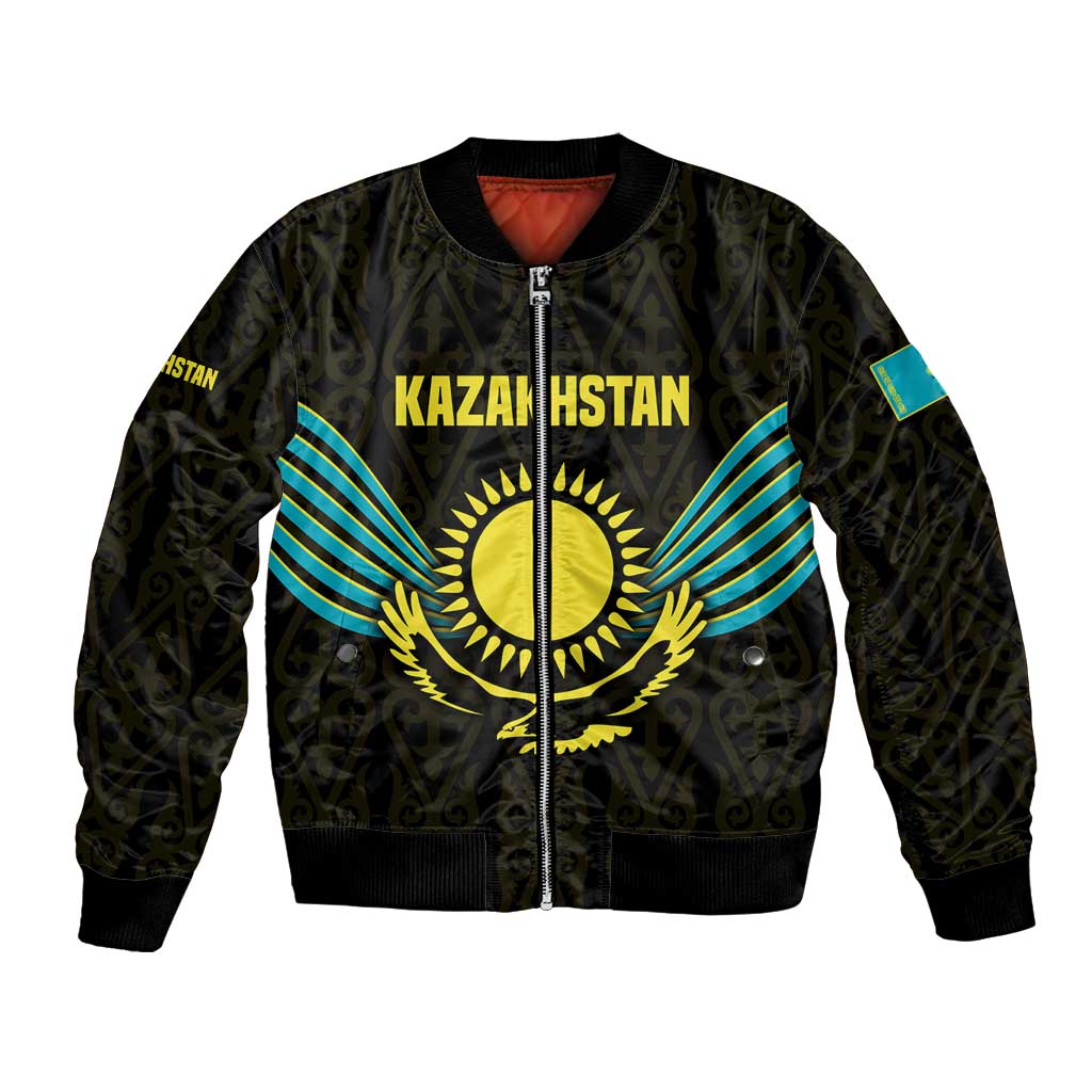 Kazakhstan National Emblem Bomber Jacket with Black Tribal Pattern and Sun Eagle Motif