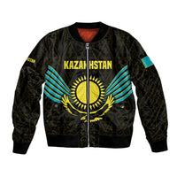 Kazakhstan National Emblem Bomber Jacket with Black Tribal Pattern and Sun Eagle Motif