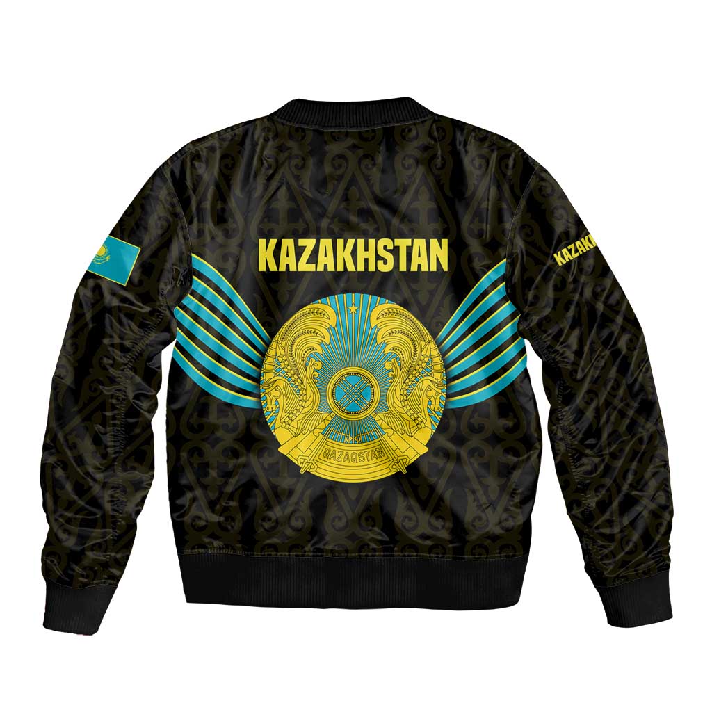 Kazakhstan National Emblem Bomber Jacket with Black Tribal Pattern and Sun Eagle Motif